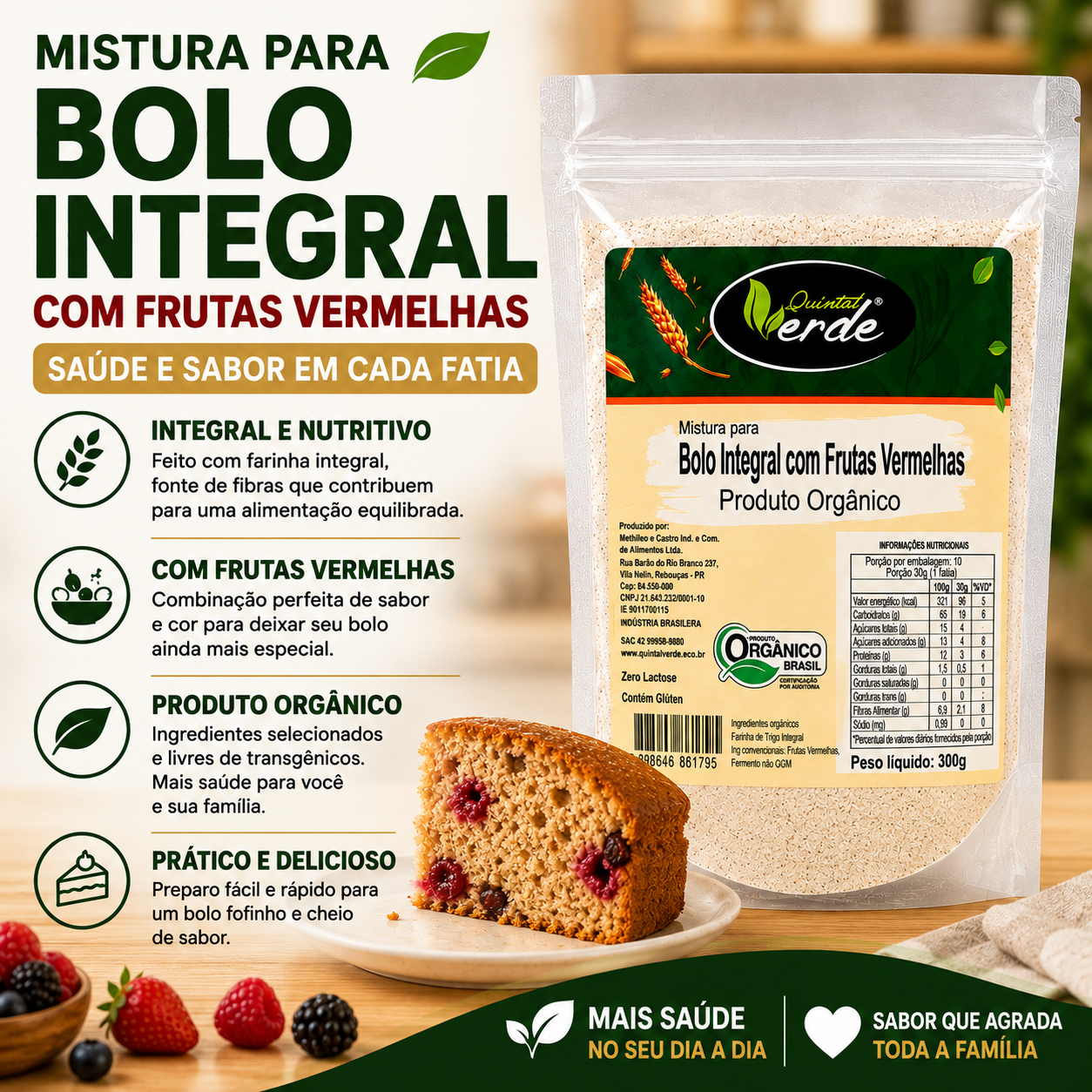 Mistura para Bolo Integral com Frutas Vermelhas