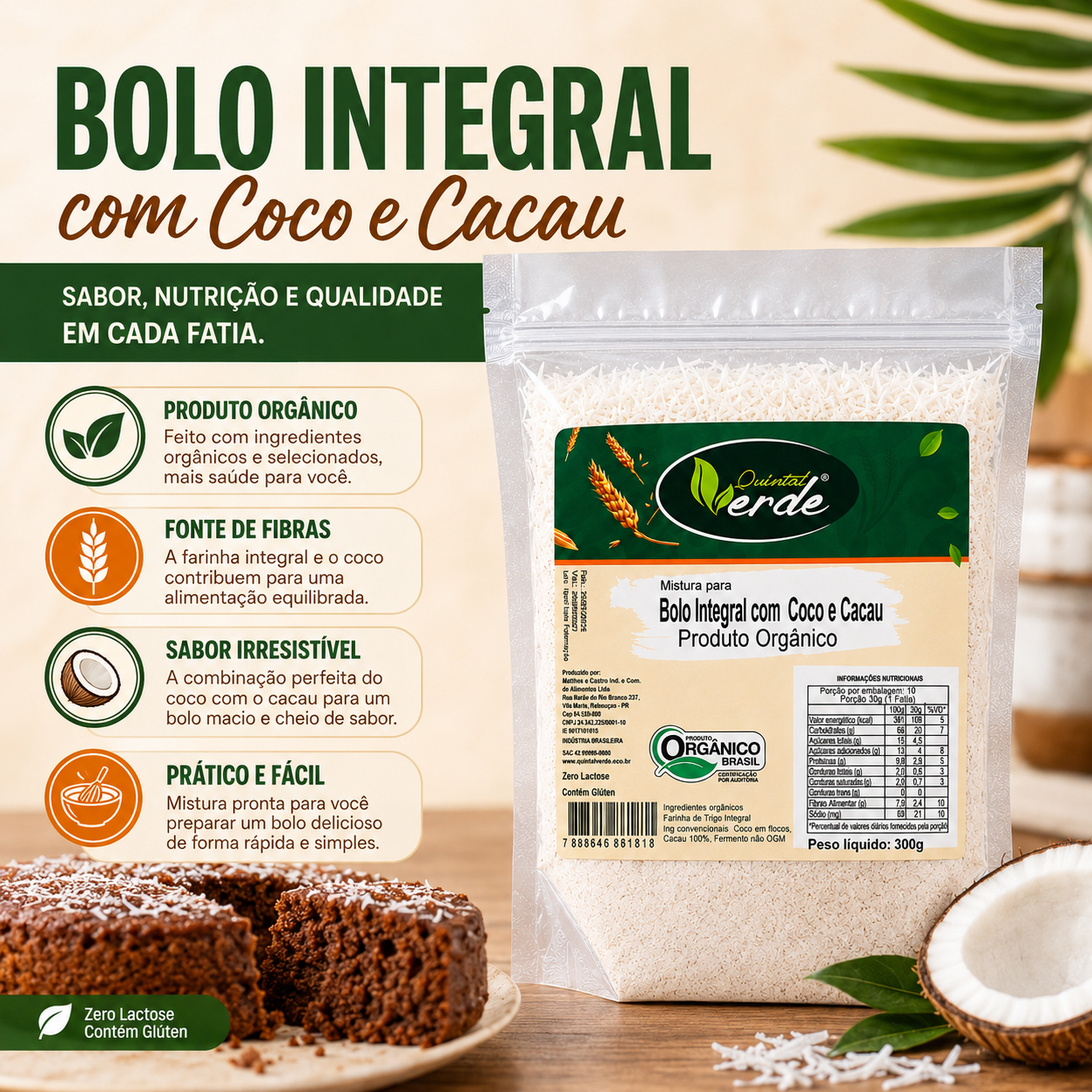 Mistura para Bolo Integral Coco e Cacau