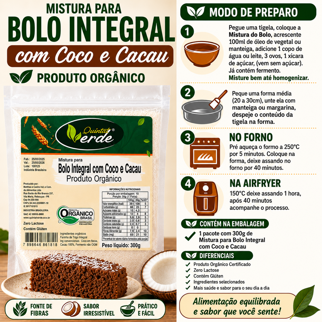 Mistura para Bolo Integral Coco e Cacau