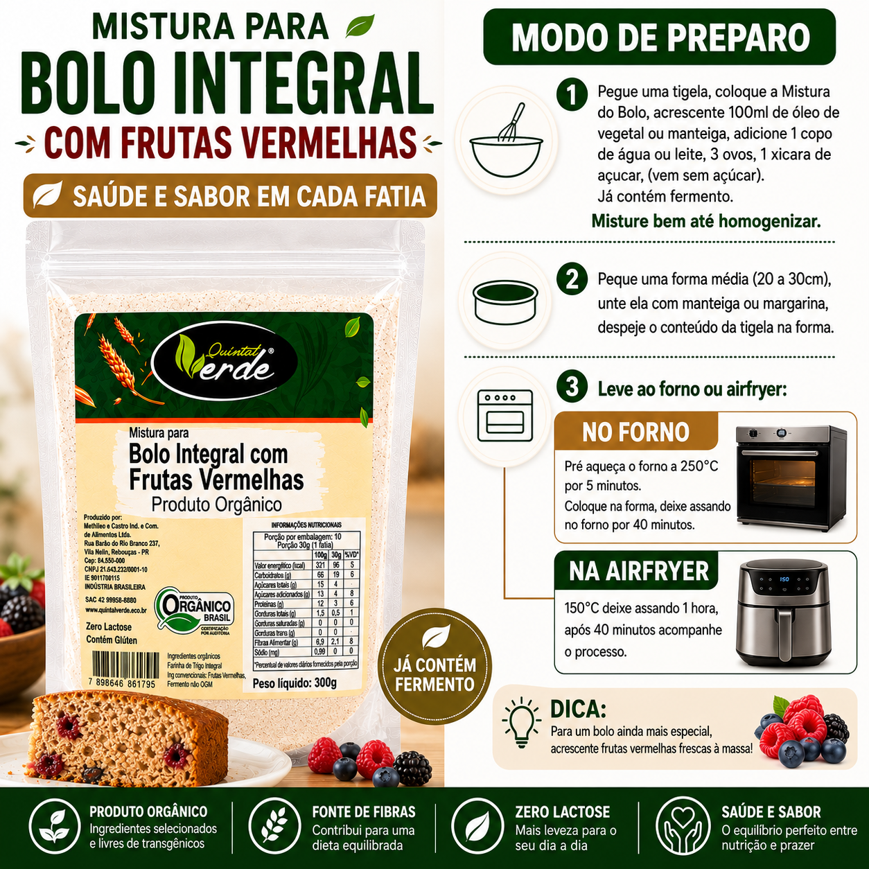 Mistura para Bolo Integral com Frutas Vermelhas